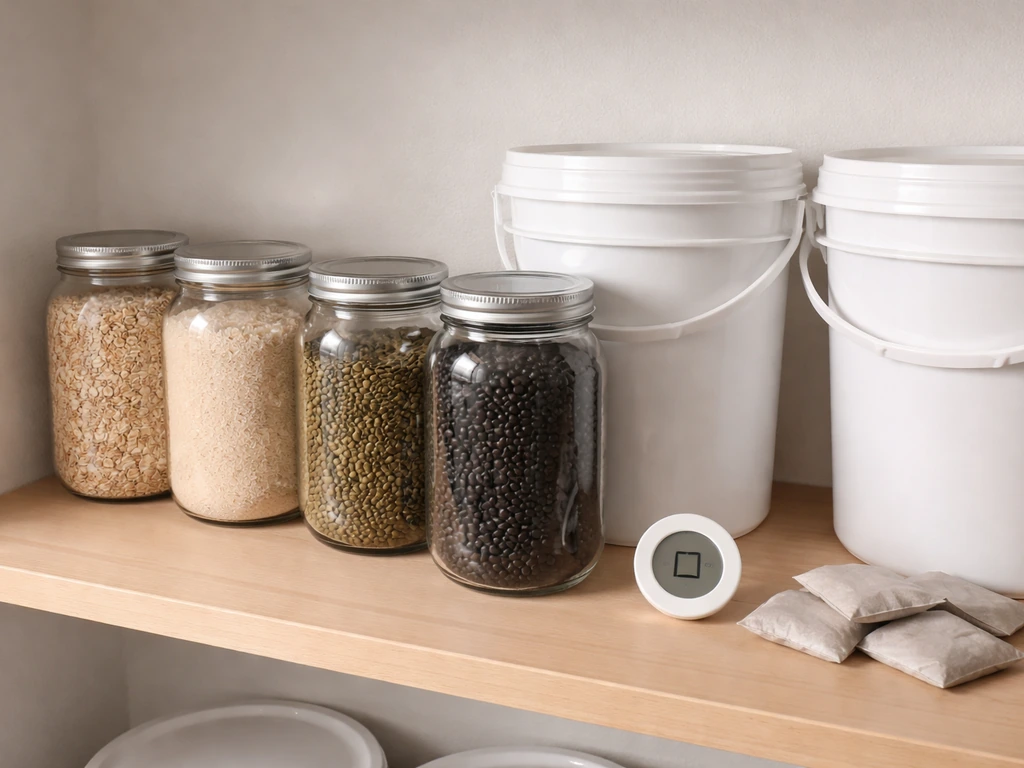 Minimal photo of sealed grain and bean storage jars with moisture barriers and a small humidity meter