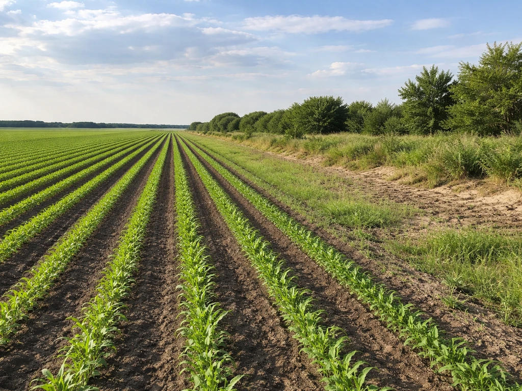 Wide view of workable cropland with healthy green rows and a varied farmland edge under natural light.