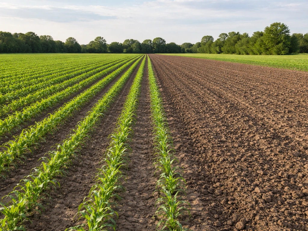 Arable farmland with orderly rows of temporary crops and a small section left temporarily fallow