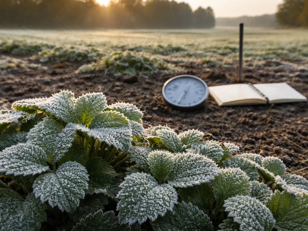 Morning frost sparkles on leaves beside an open field notebook and thermometer in a quiet rural landscape.