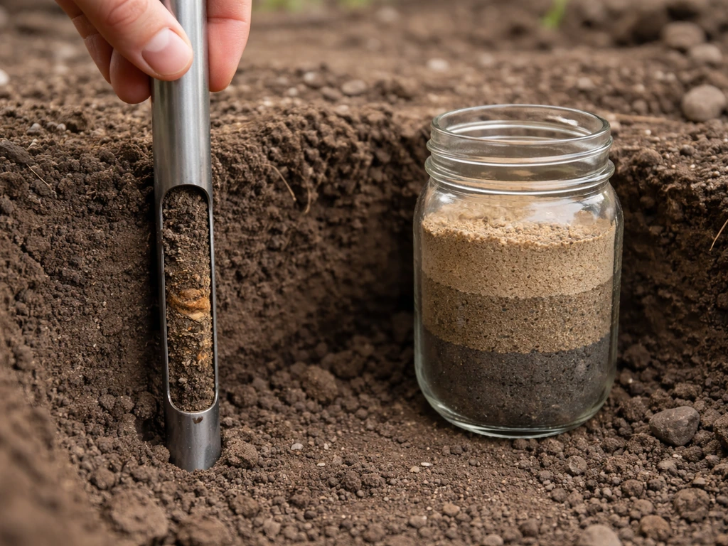 Close-up of a soil probe measuring rooting depth with a simple jar showing layered sandy, silty, clay-like textures.