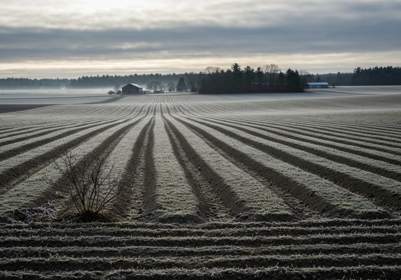 Wide New England farm field with lingering frost at season start and bare rows under a moody sky