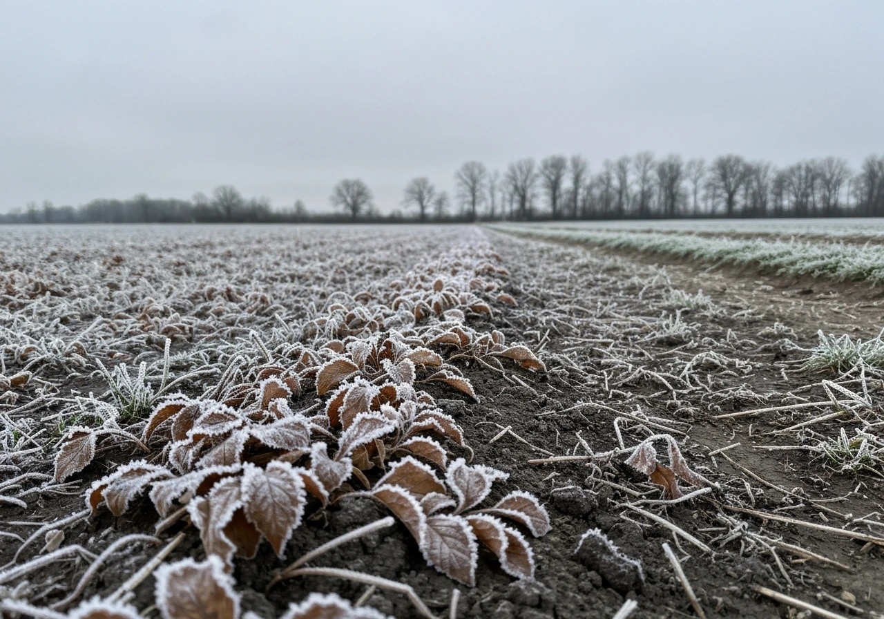 Close view of frost-covered field edge plants damaged by early/late freezing cold.