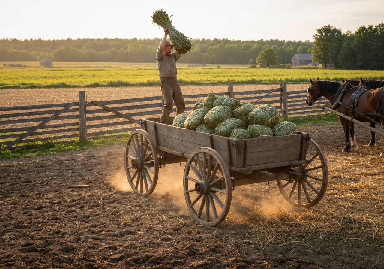 Anonymous farmer loading harvested cash-crop bundles onto a wooden wagon for long-distance transport.