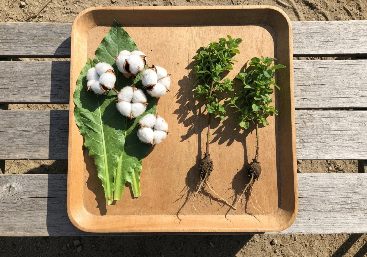 Overhead side-by-side tray of warm-weather tobacco and cotton versus short-season cooler plants.