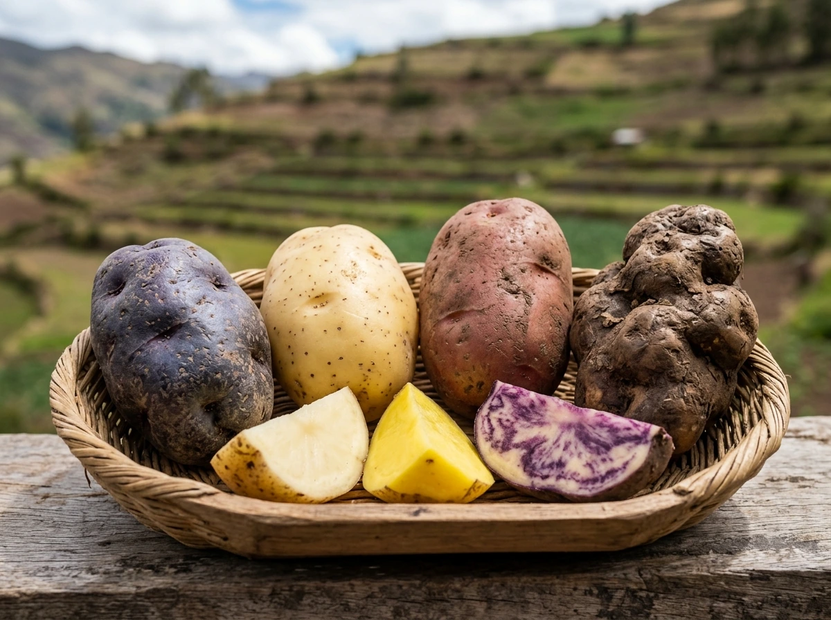Native Andean potato varieties showing different skins and flesh colors