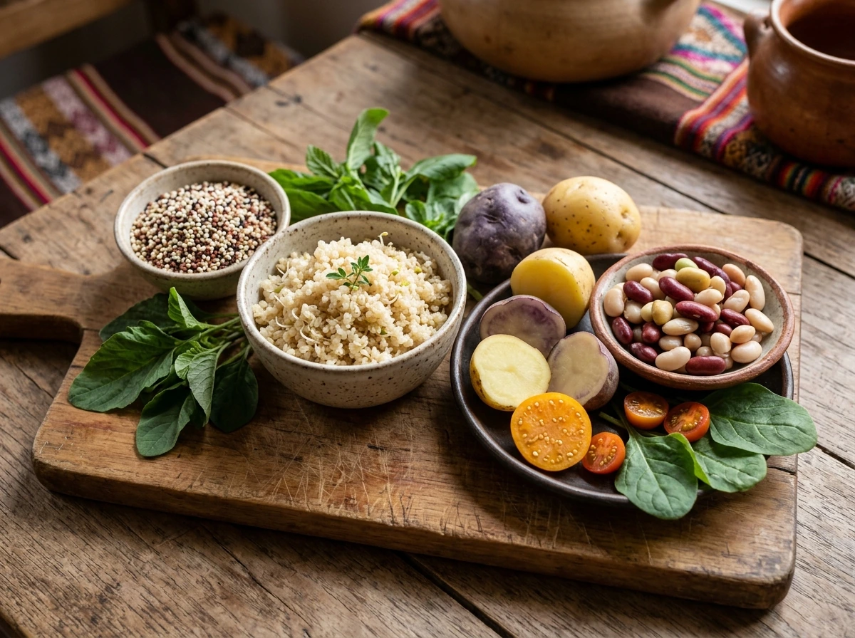 Quinoa, potatoes, beans, and vegetables arranged to show the Inca plate