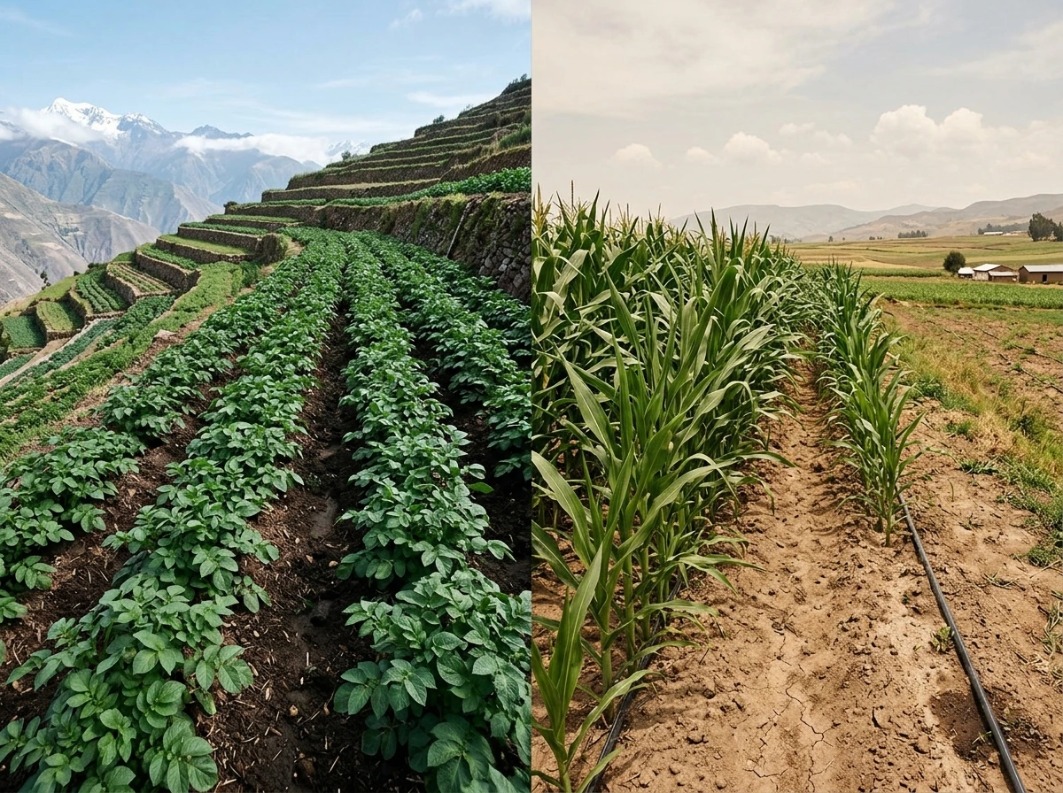 Side-by-side fields showing potatoes for high zones and maize for lower zones