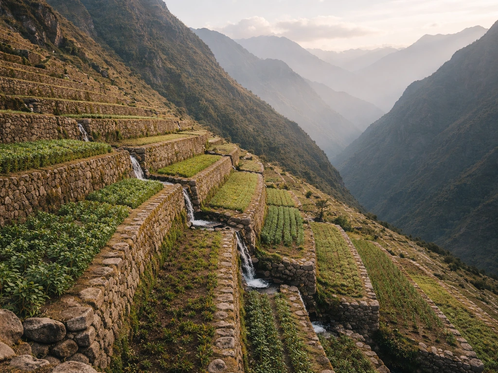 Panoramic view of Inca stone terraces with small water channels across steep Andes mountains.