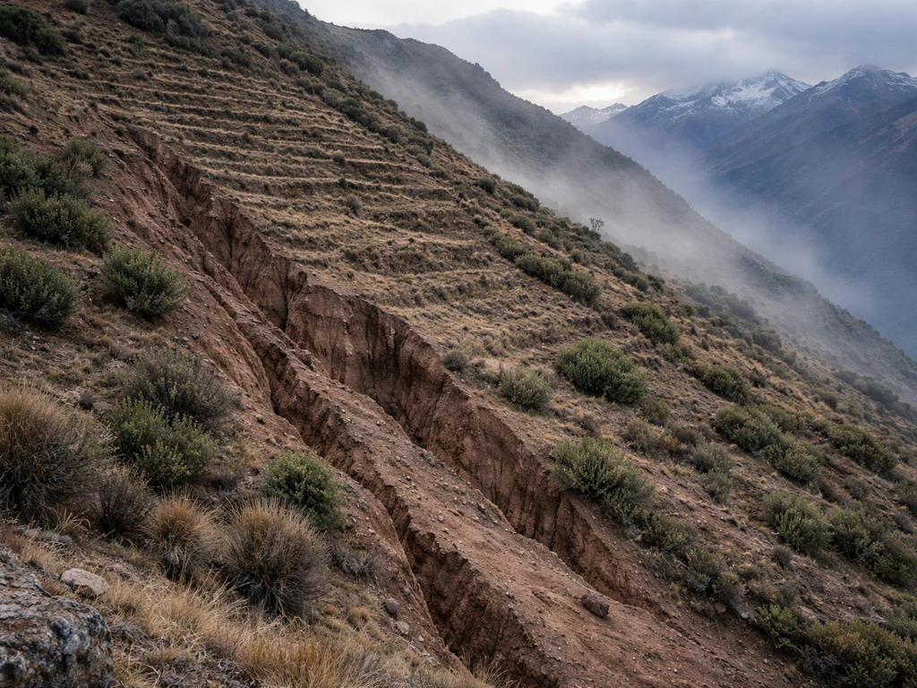 Rugged Andes hillside with terraced remnants and visible erosion channels from fast runoff.