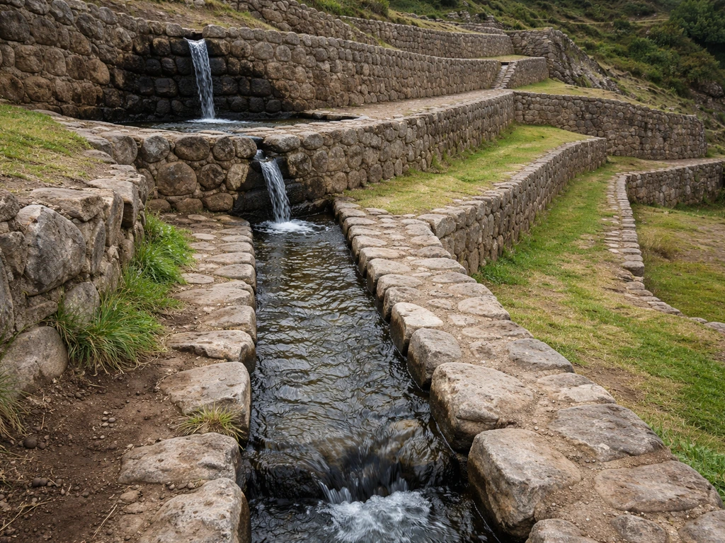 Stone Inca canals with a spring-fed intake and terrace channels, with visible drainage water flow.