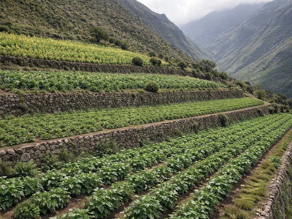 Terraced Andean hillside with different crop bands at varying elevations, quinoa-like greenery above and potatoes below.