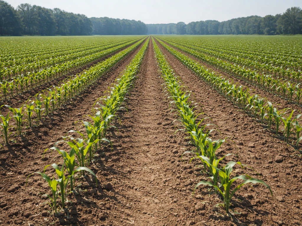 Single summer row crop field with neat parallel planting rows in warm sunlight