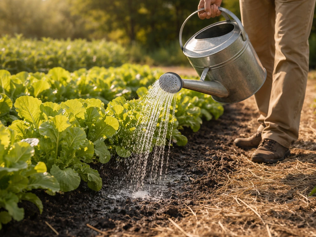 Gardener watering lush summer vegetable plants with a watering can at the base in hot weather