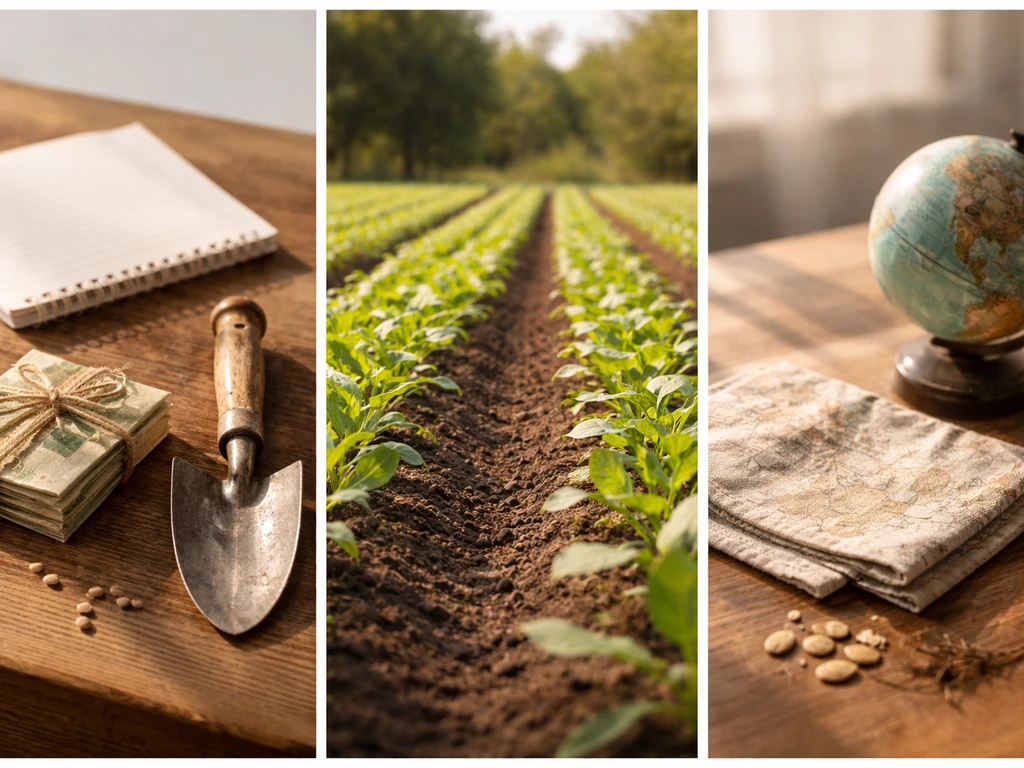 Minimal desk scene with soil, seed packets, and a small crop field view suggesting likely crops by place and time.