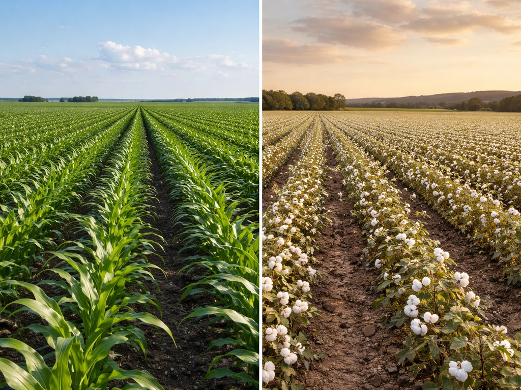 Split view of corn rows in the Midwest and cotton fields in the South under clear skies.