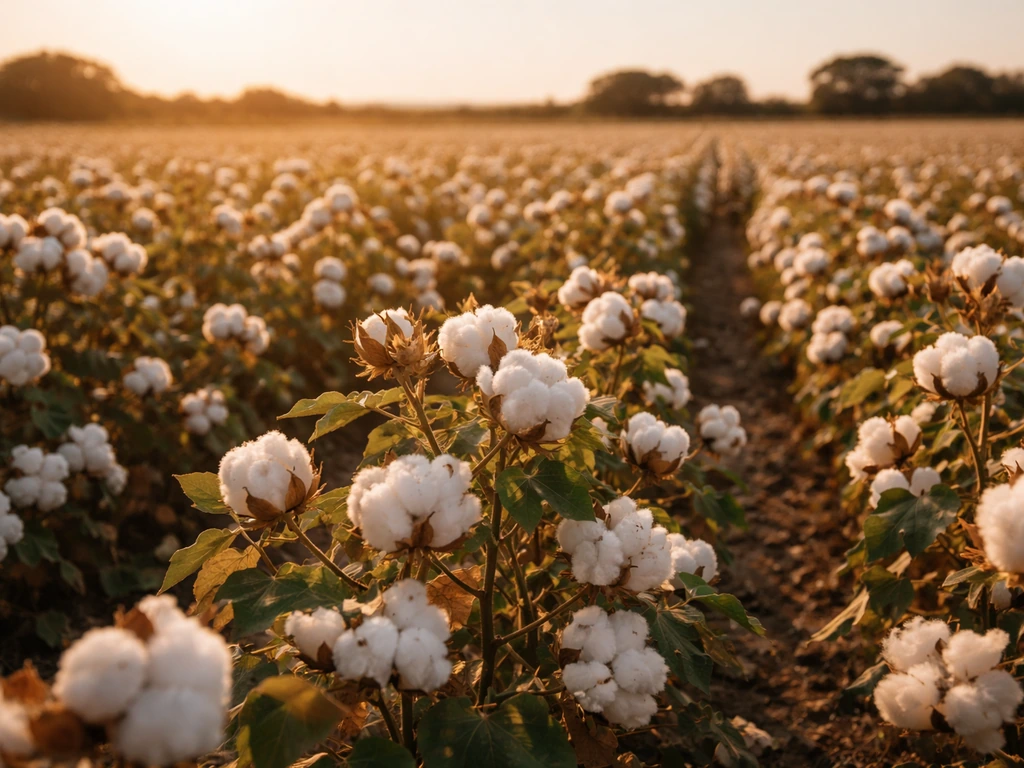 Close view of cotton plants with fluffy bolls in warm, open southern farmland.
