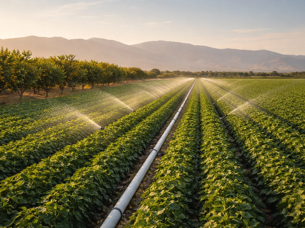 Irrigated orchard and row crops in California’s Central Valley with sprinklers and distant hills at golden hour.
