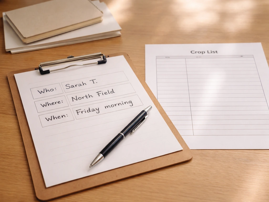 A simple research checklist showing filled Who/Where/When fields beside a printed crop list template.