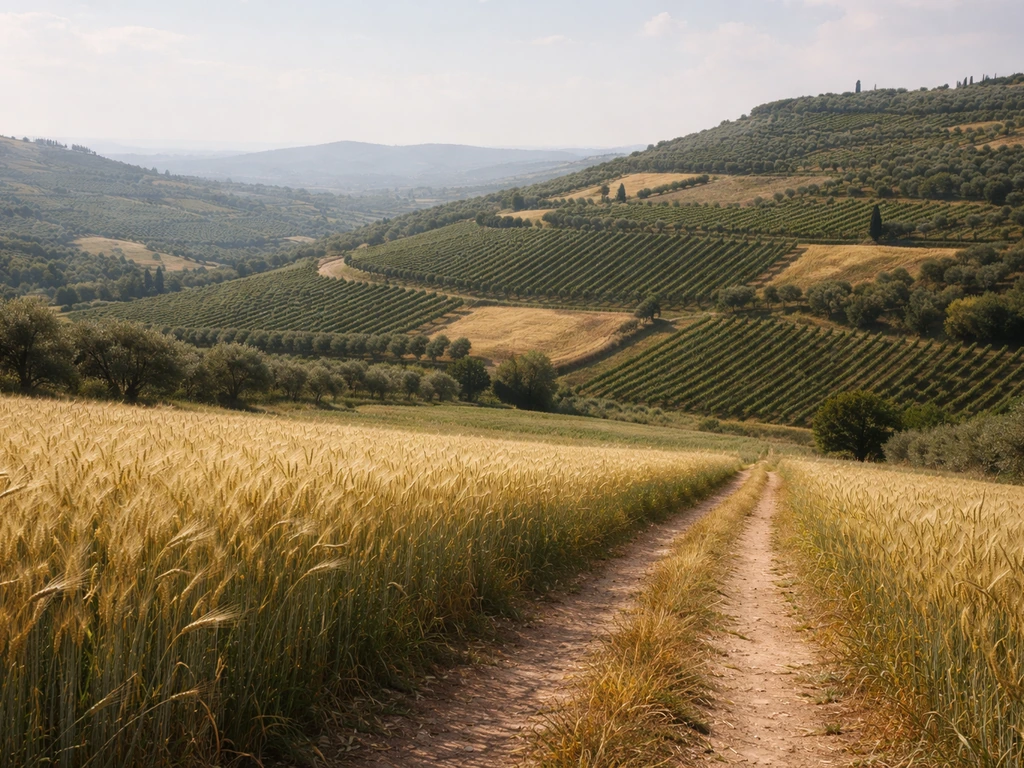 Expansive Roman farmland with wheat fields, olive groves, and vine terraces in summer light.