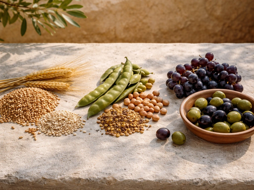 Three separated food groupings: Roman grains, legumes, and grapes/olives on a sunlit stone table.