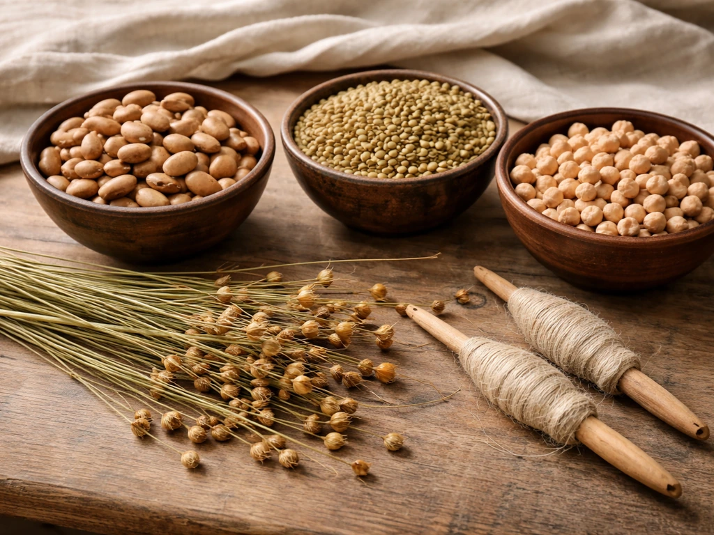 Fava beans, lentils, chickpeas, and flax stalks arranged together in a simple rustic setting