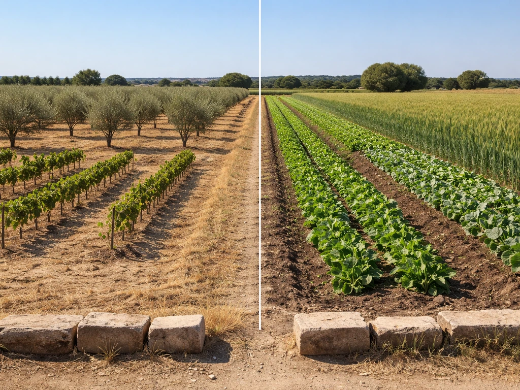 Two adjacent Roman-era farmland plots showing different crops under contrasting sunny and cooler light.
