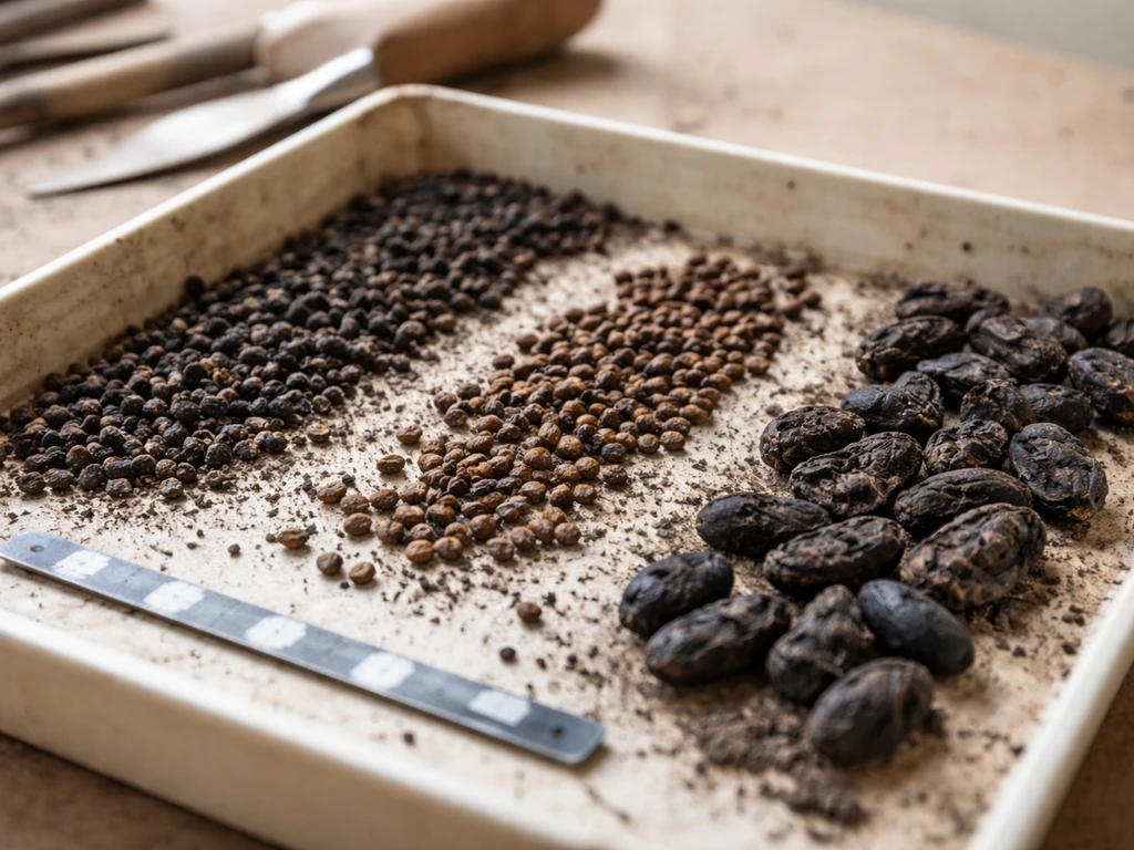 Close-up tray of charred seeds, olive stones, and grape pips with a small scale, archaeology evidence.