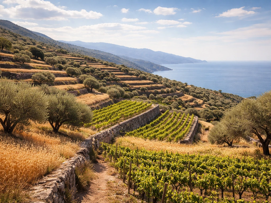 Sunlit terraced farmland in ancient Greece with olive groves, grapevines, and grain fields under a bright Aegean sky.