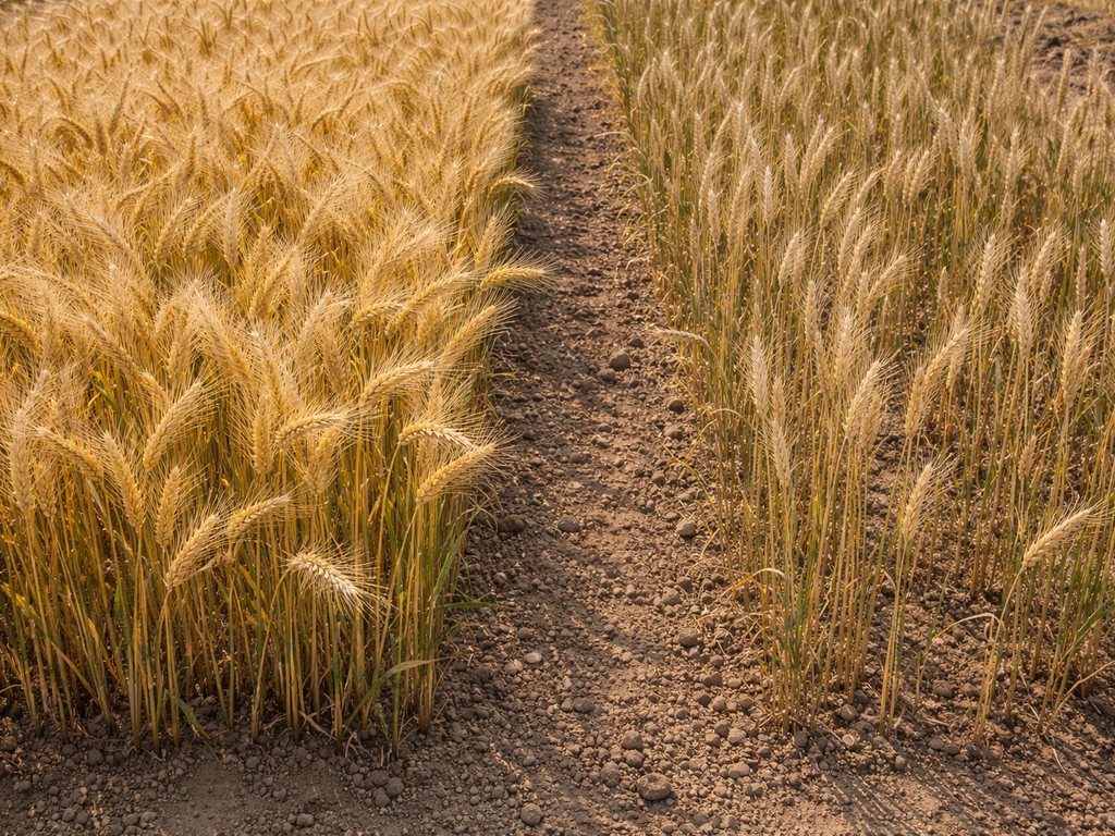 Barley and wheat seed heads growing in separate small plots, barley fuller and denser