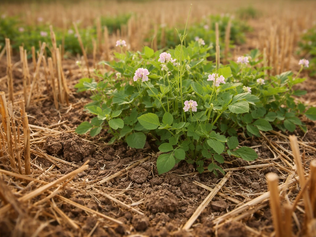 Close-up of legume plants growing among cereal stubble in a sunlit Greek field