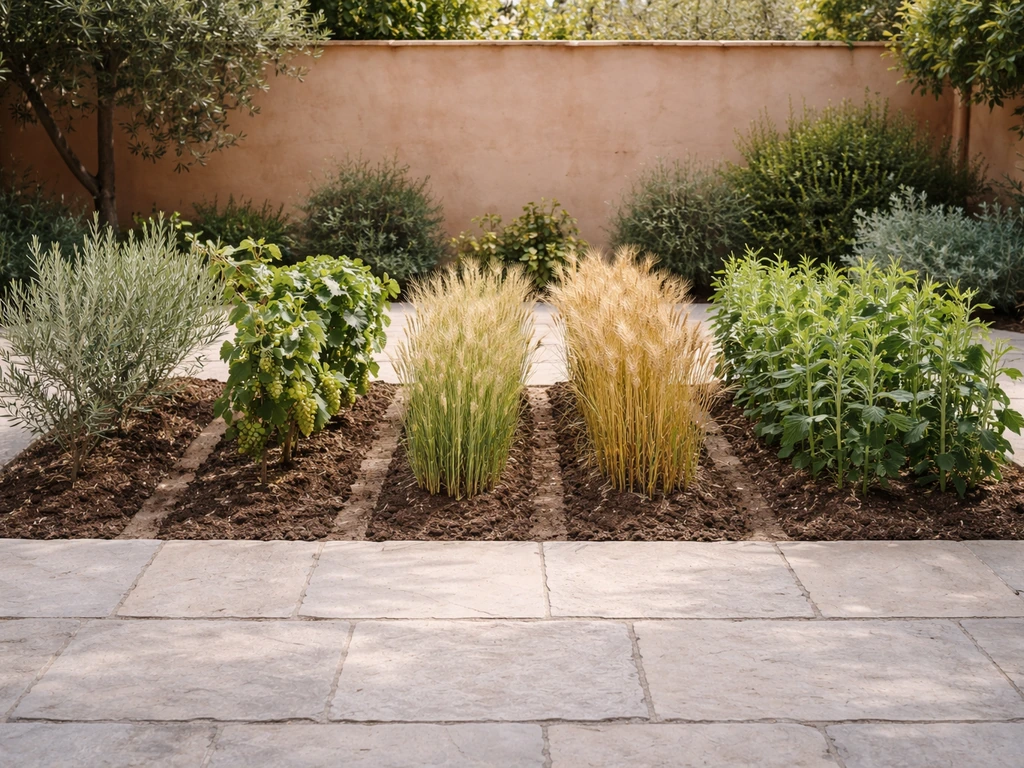 Minimal garden beds with olive, grape, barley, wheat, and legumes laid out in separate sections under Mediterranean ligh