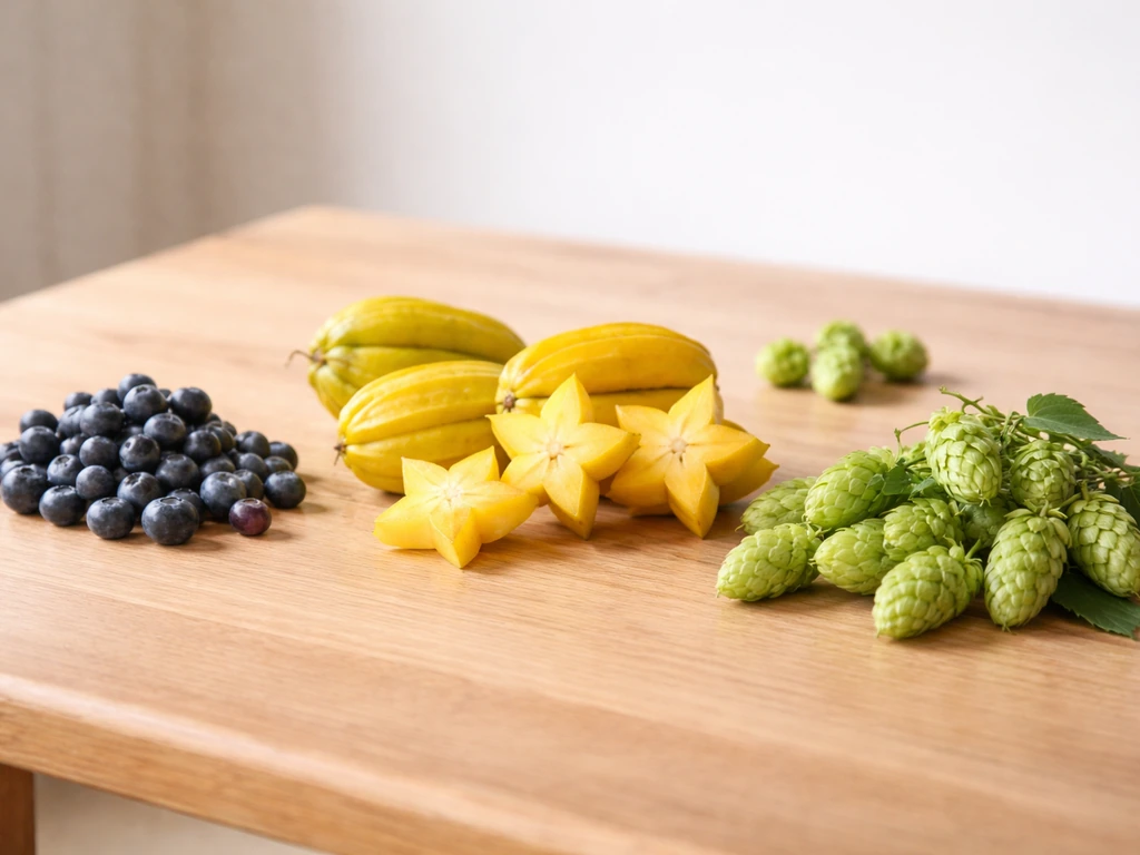 Blueberries, starfruit, and hops arranged on a table in natural light for a simple summer-crop comparison.