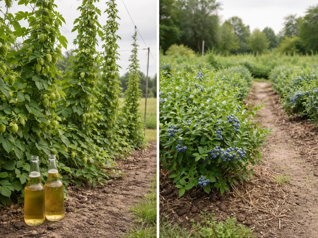 Split view of hop trellises with pale beer bottles on one side and an easy blueberry row on the other.