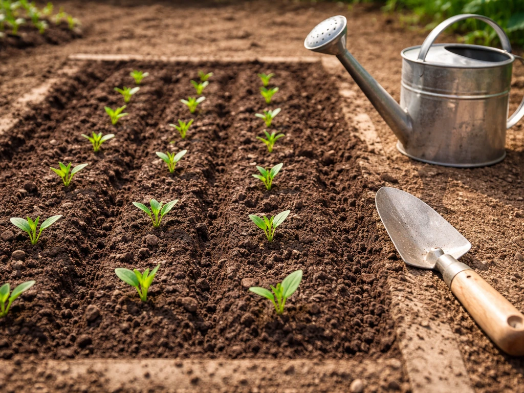 Early-summer garden bed with young sprouts, soil rows, and a trowel and watering can nearby.