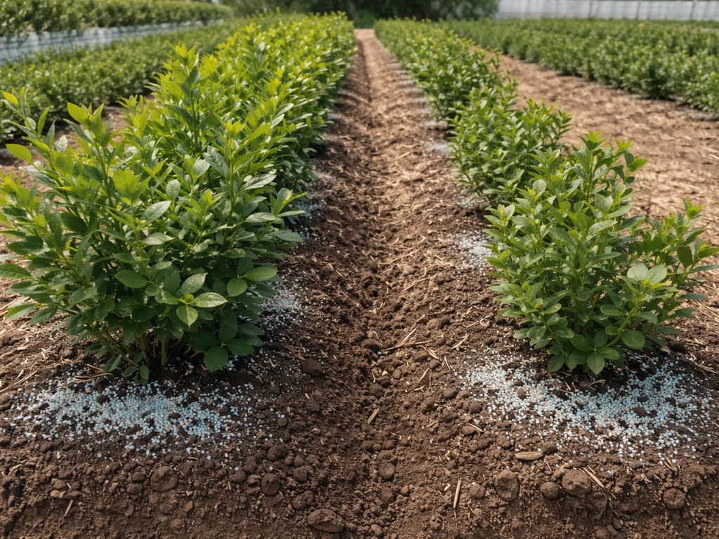 Blueberry crop row with fresh mulch and visible two small plots showing faster, greener growth after Speed-Gro timing.