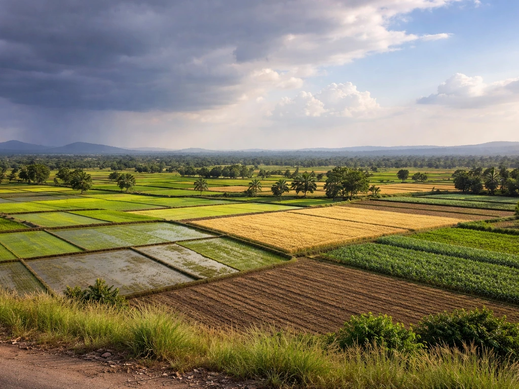 Panoramic view of Indian farmland mosaic with rice paddies, wheat fields, and dry crops under varied clouds.