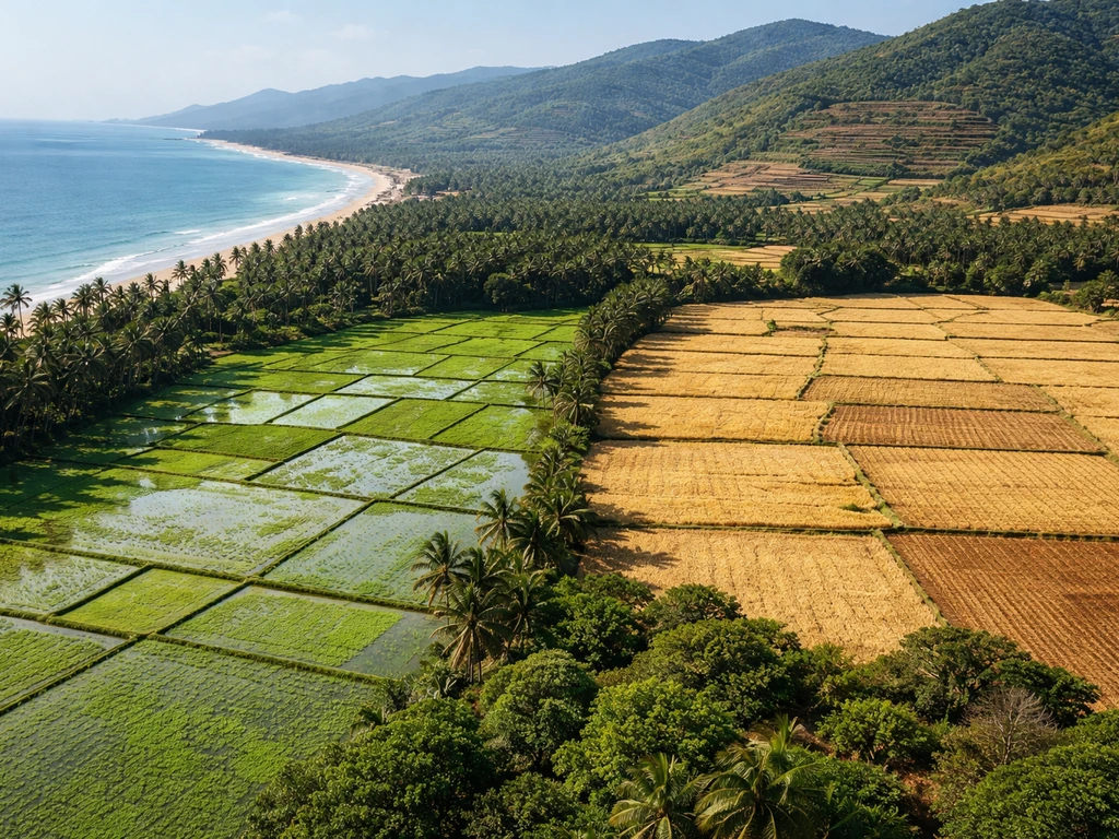 Aerial countryside farmland showing greener wet paddies, drier fields, coastal strip, and terraced hills.