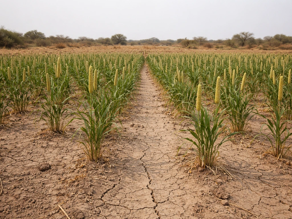 Pearl millet field in Rajasthan with dry cracked soil and sparse arid backdrop under natural daylight.