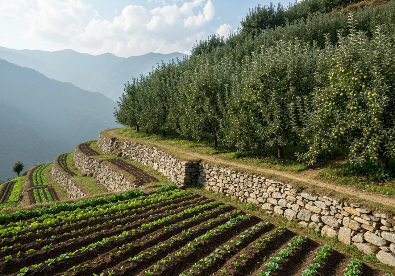 Terraced Himalayan hillside farmland with stone terraces, apple trees, and temperate crops under soft daylight.