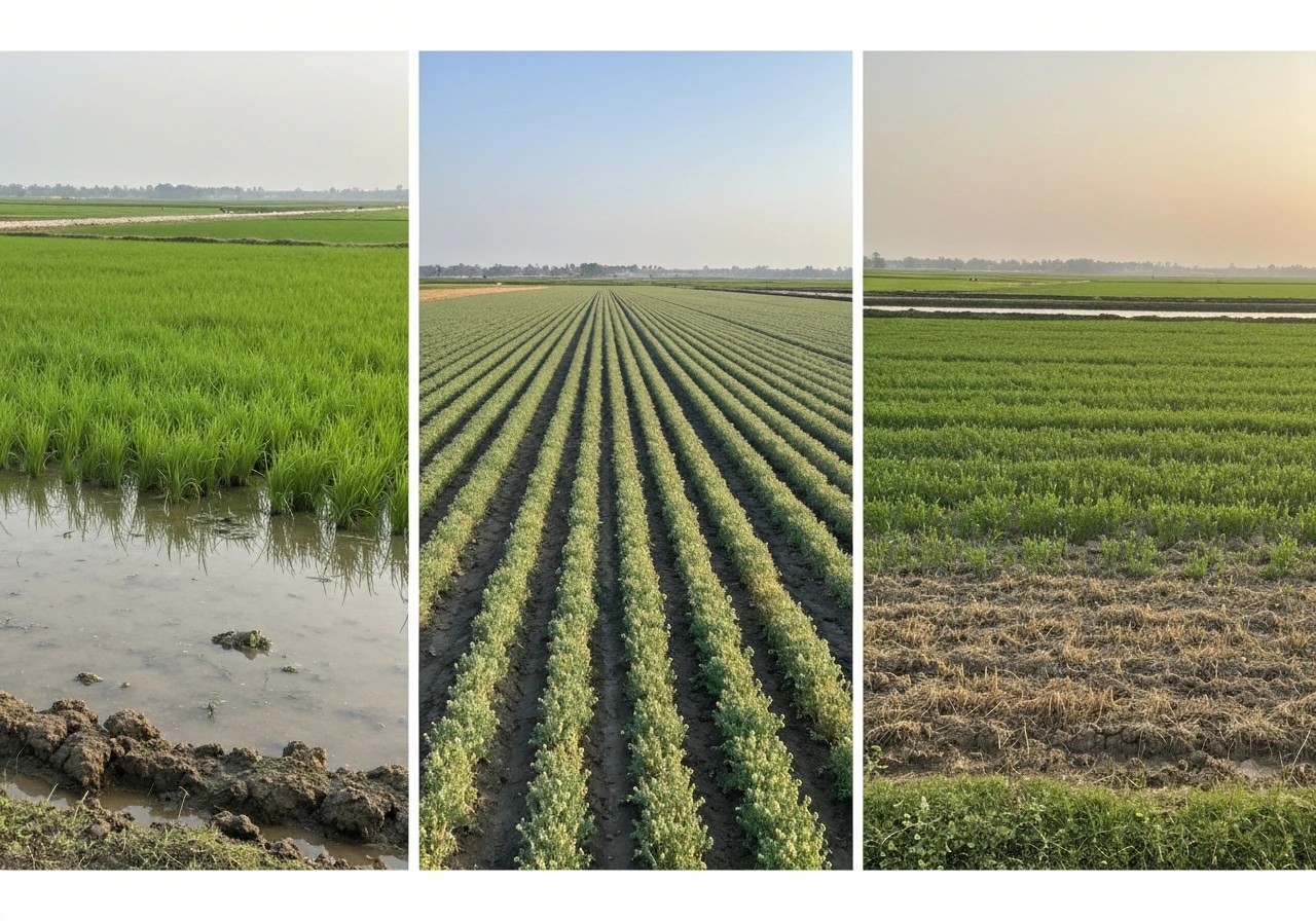 Three side-by-side farm scenes showing monsoon rice, winter wheat/chickpea, and summer bridge crops by moisture and colo