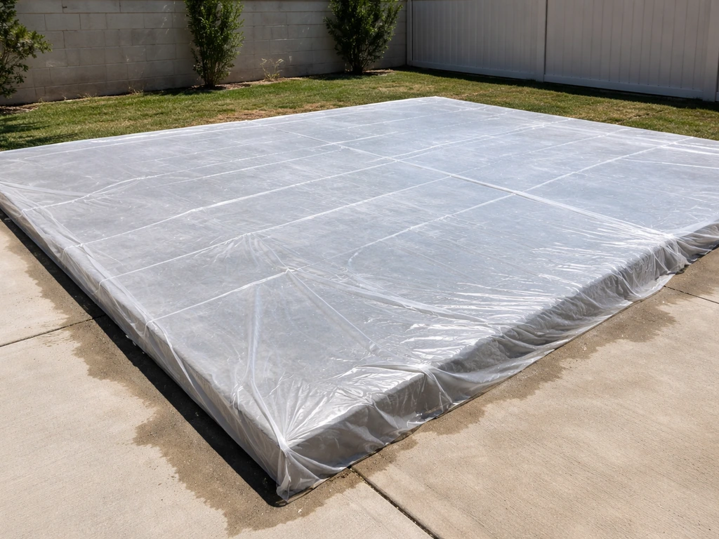 Fresh concrete patio slab covered with curing protection sheet in bright daylight.