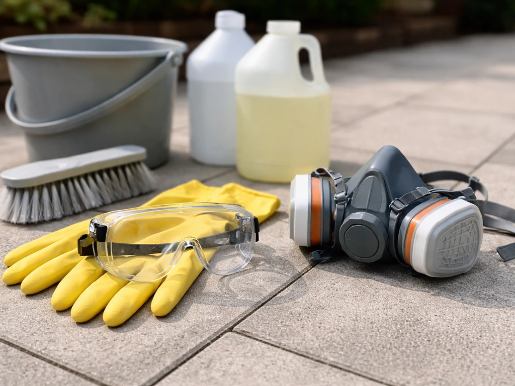 Safety gear—gloves, goggles, and respirator—laid beside patio cleaning tools and unlabeled chemicals.