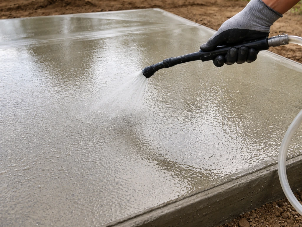 Liquid curing compound being applied to a newly finished concrete slab with damp curing film