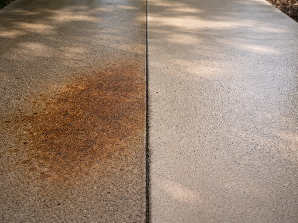 Concrete slab with rust stain beside a freshly cleaned, lighter patch where treatment has worked