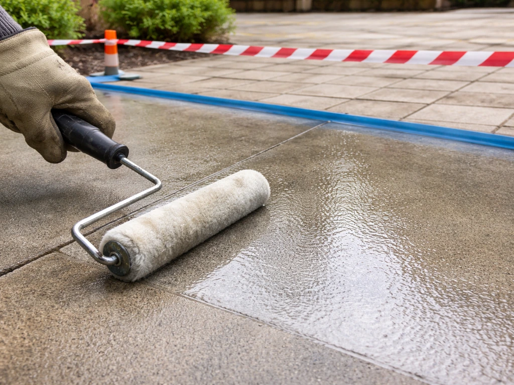 Clear sealer being applied to a concrete patio, with a freshly sealed sheen as it dries.
