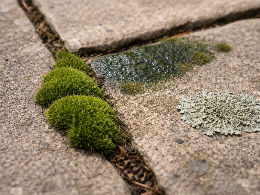 Close-up patio surface showing moss, algae sheen, and a patchy lichen area in natural light