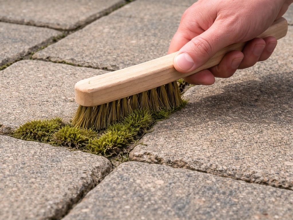 Hand scraping moss from a patio with a stiff outdoor brush without gouging the joints.