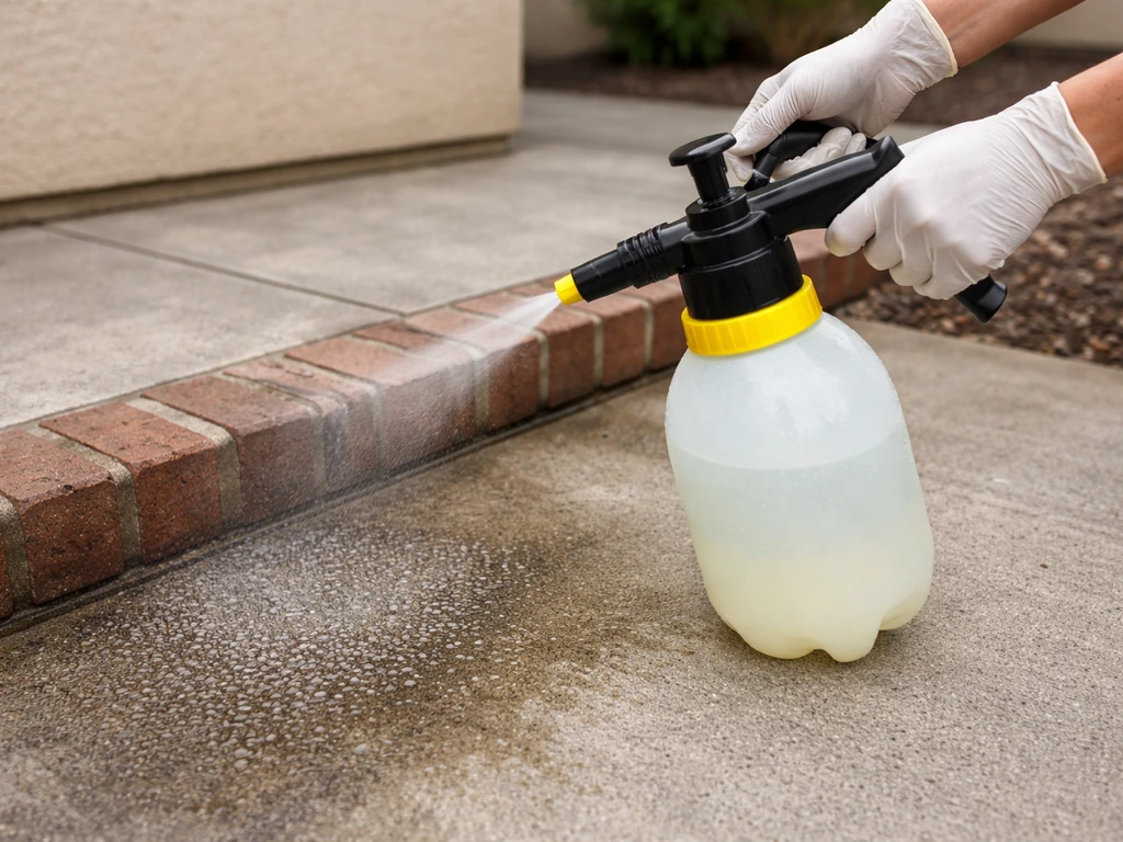 Gloved hands spraying diluted bleach onto stained concrete with a pump sprayer; wet droplets visible before scrubbing.