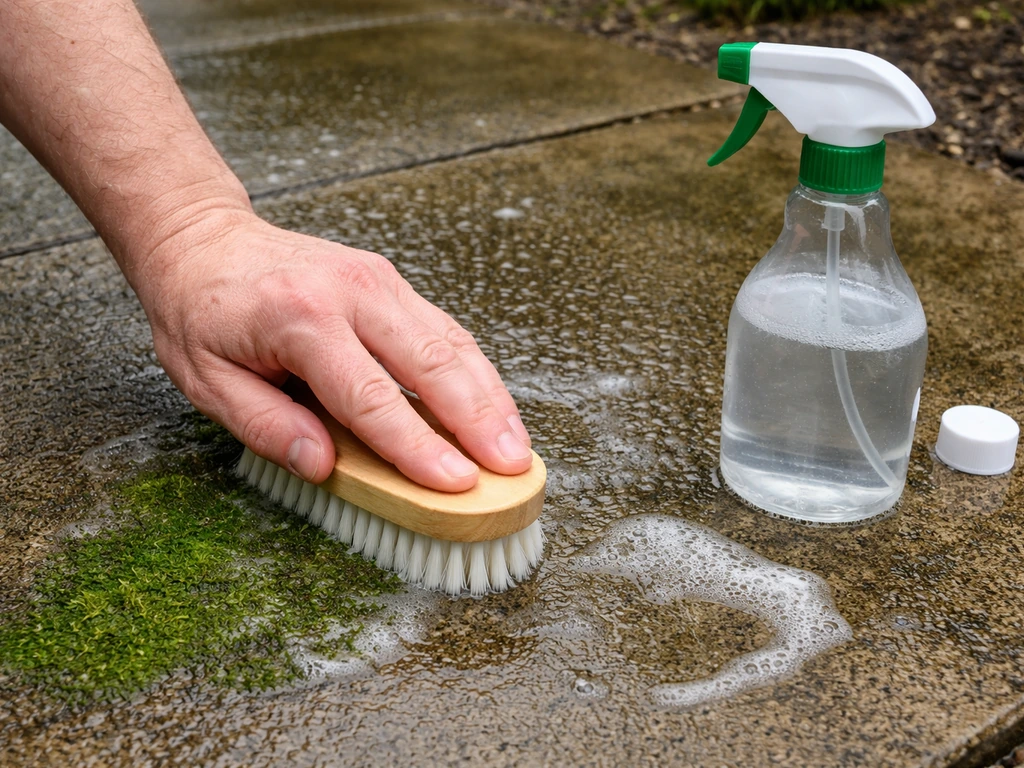 Hand scrubbing stubborn moss on a wet stone patio, with a nearby spray bottle for a second coat.